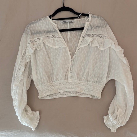 Zara White Boho Ruffle Crop Top – Size M - Picture 2 of 5